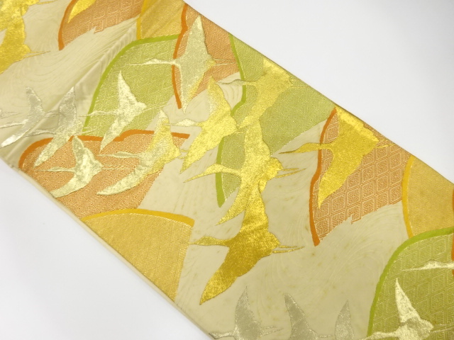 JAPANESE KIMONO / ANTIQUE FUKURO OBI / SILK / WOVEN WAVE & CRANES